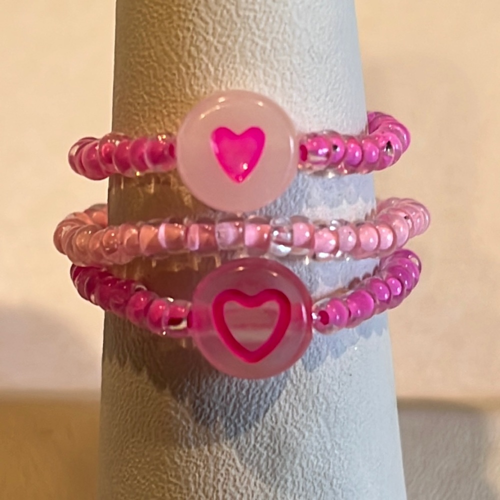 Handmade Hot Pink Hearts Beaded Ring Set, Stretchy